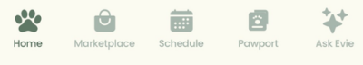 Redesigned tab bar: five green icons labelled Home, Marketplace, Schedule, Pawport and Ask Evie, with Home selected.