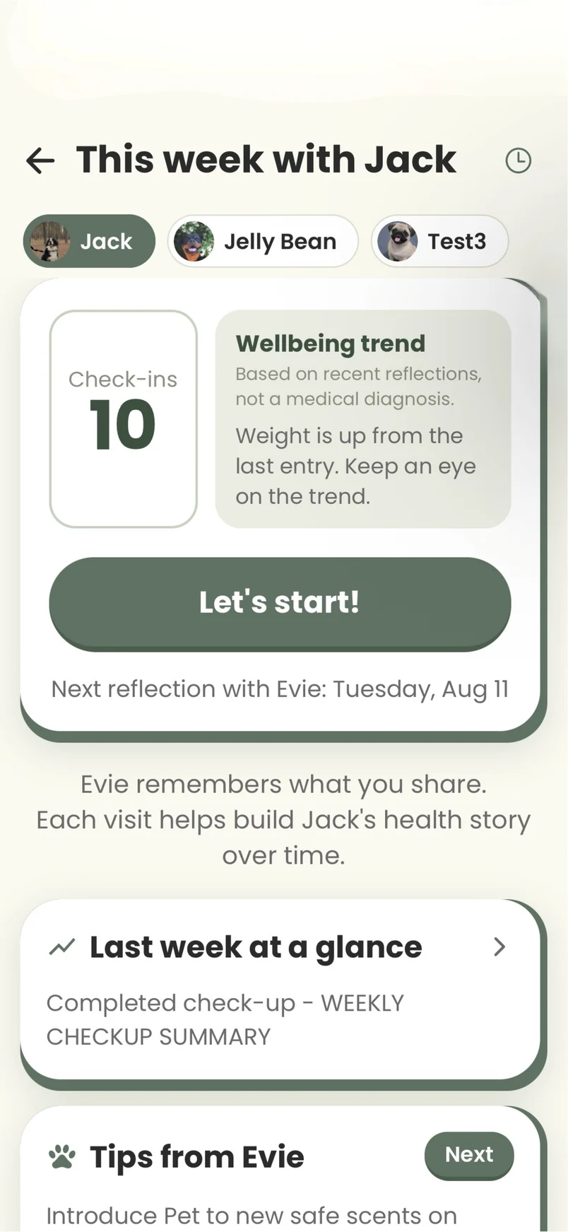 This week with Jack shows check-ins, a wellbeing trend, a start action and the previous week’s summary.