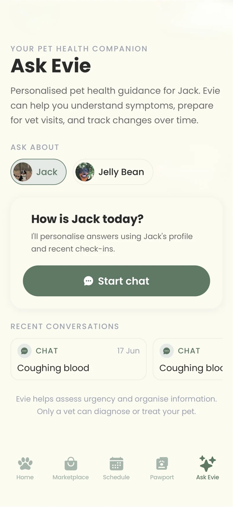 Ask Evie lets owners choose a pet, start a chat and return to recent conversations.