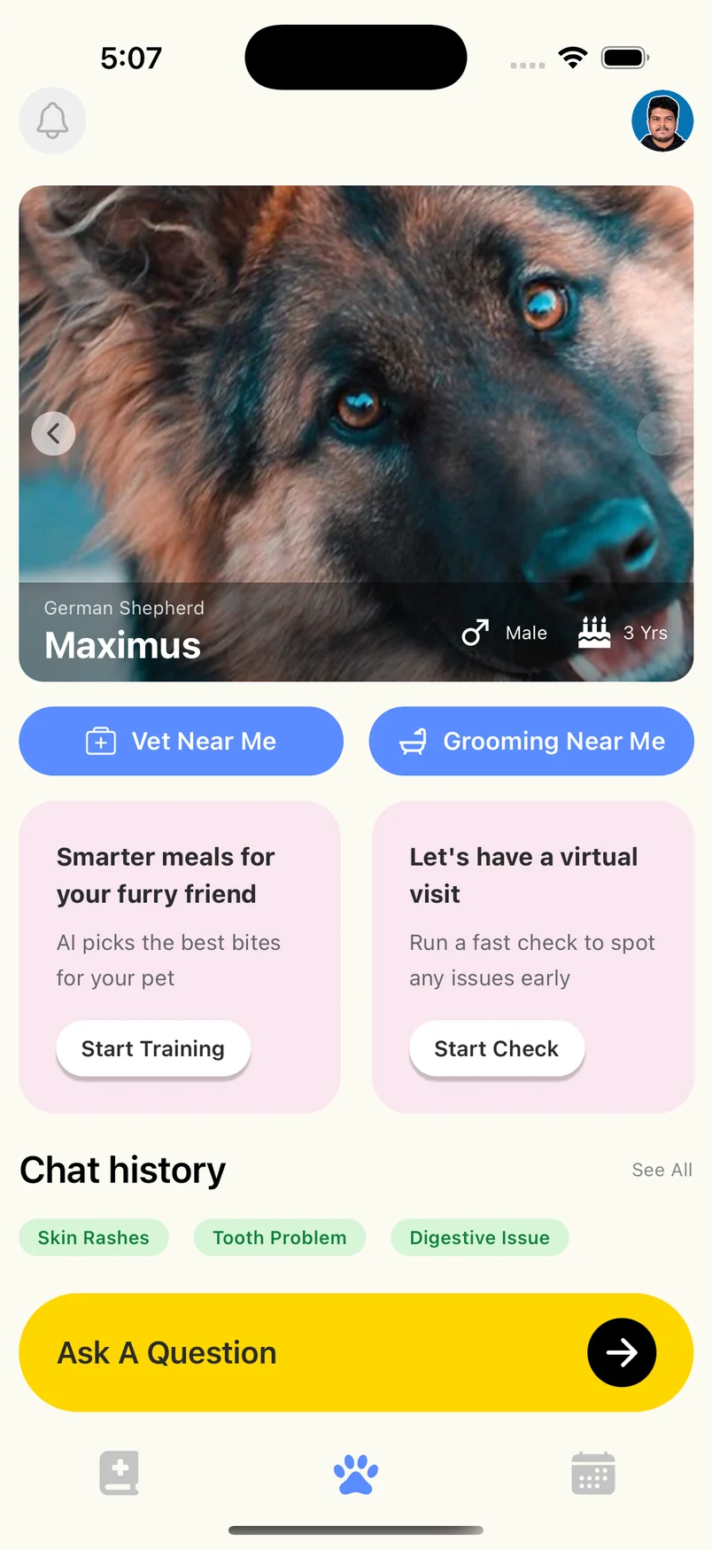 Original home screen for Maximus with blue service buttons, pink feature cards, chat history and a yellow Ask a Question button.