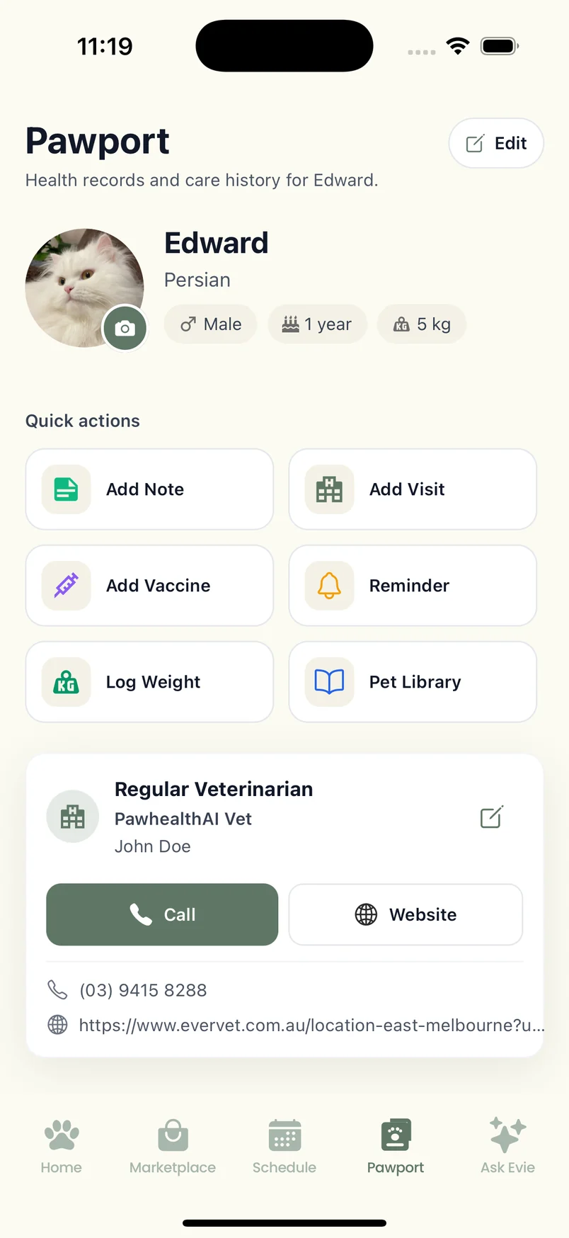 Pawport pet profile and care-record actions, using demo data.